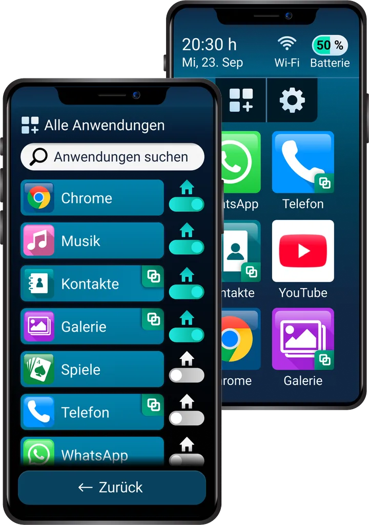 App-Liste der Bleta-App mit großen Schaltflächen