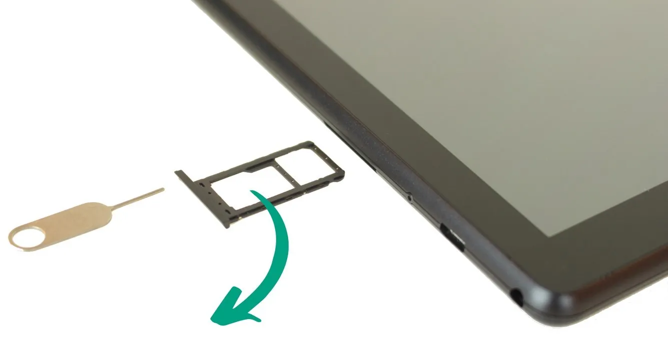 Der Kartenschlitten für die microSD-Karte außerhalb des Tablets, neben dem Auswurfwerkzeug