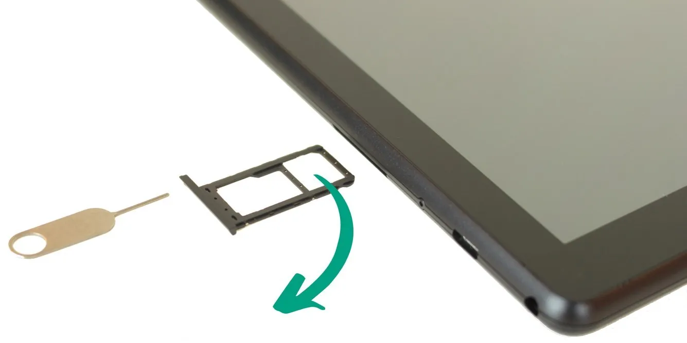 Der Kartenschlitten für die SIM-Karte außerhalb des Tablets, neben dem Auswurfwerkzeug