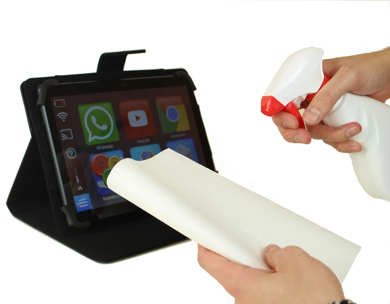 Der Bildschirm des Tablets wird mit einem Tuch und einer Sprühflasche gereinigt