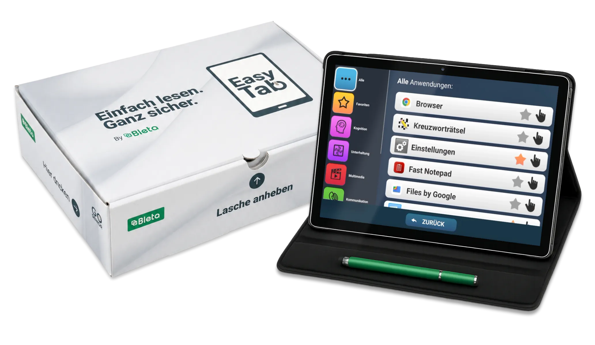 GoSenior EasyTab: Bleta-Tablet in der Hülle mit der App-Übersicht auf dem Bildschirm, daneben die EasyTab-Verpackung und ein Eingabestift.