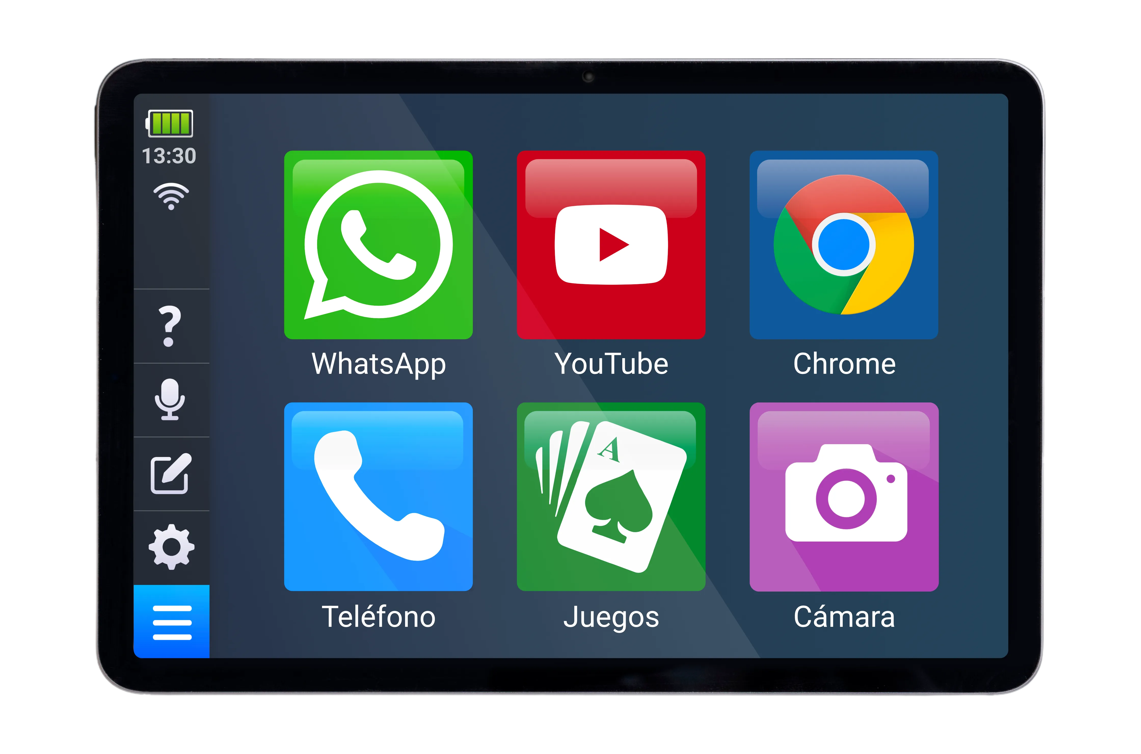 Tablet Bleta para personas mayores mostrando la pantalla de inicio con iconos grandes
