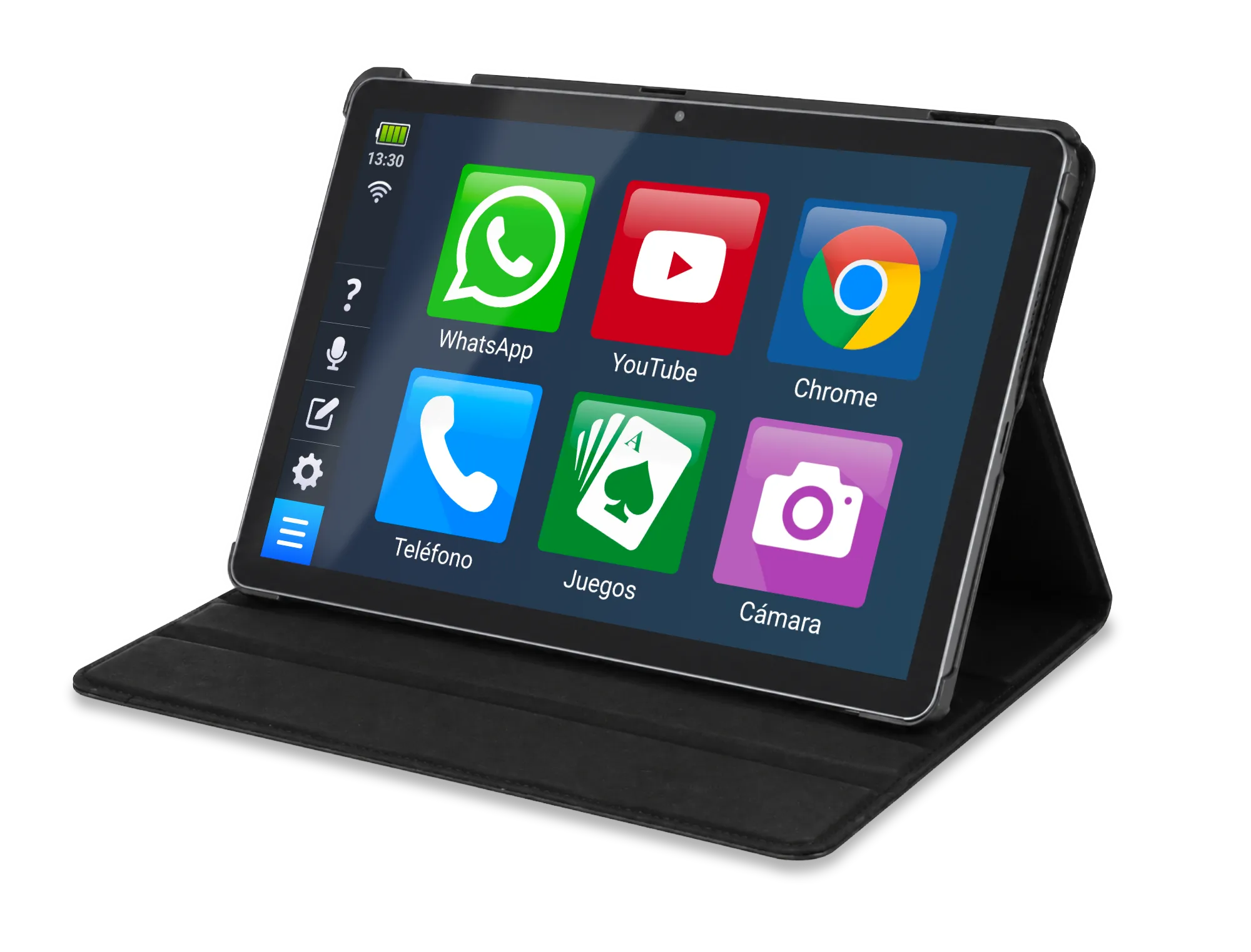 Tablet Bleta para personas mayores de pie en su funda tipo folio, mostrando la pantalla de inicio con iconos grandes: WhatsApp, YouTube, Chrome, Teléfono, Juegos y Cámara
