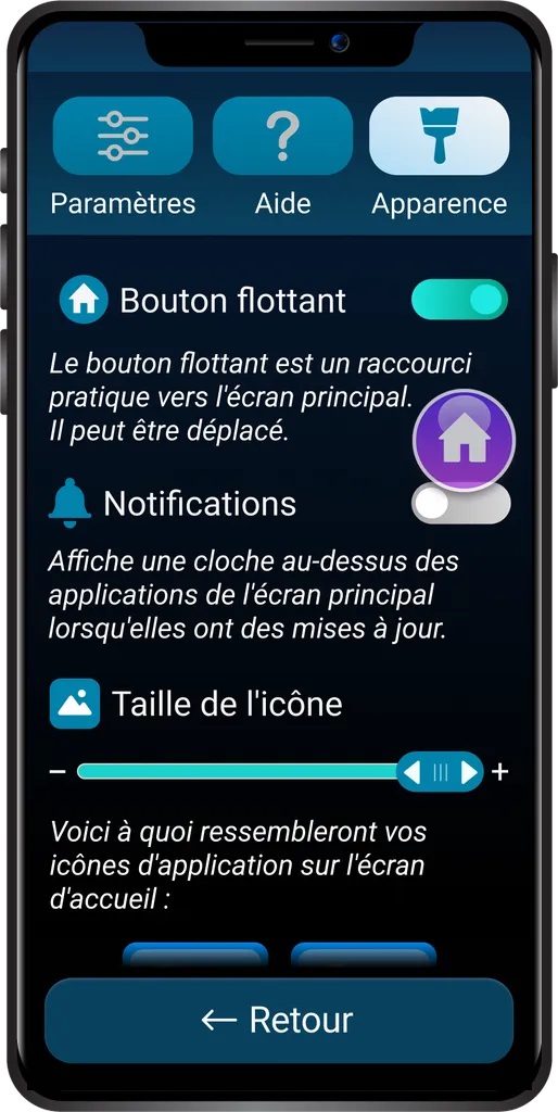 Bouton flottant de l'application Bleta