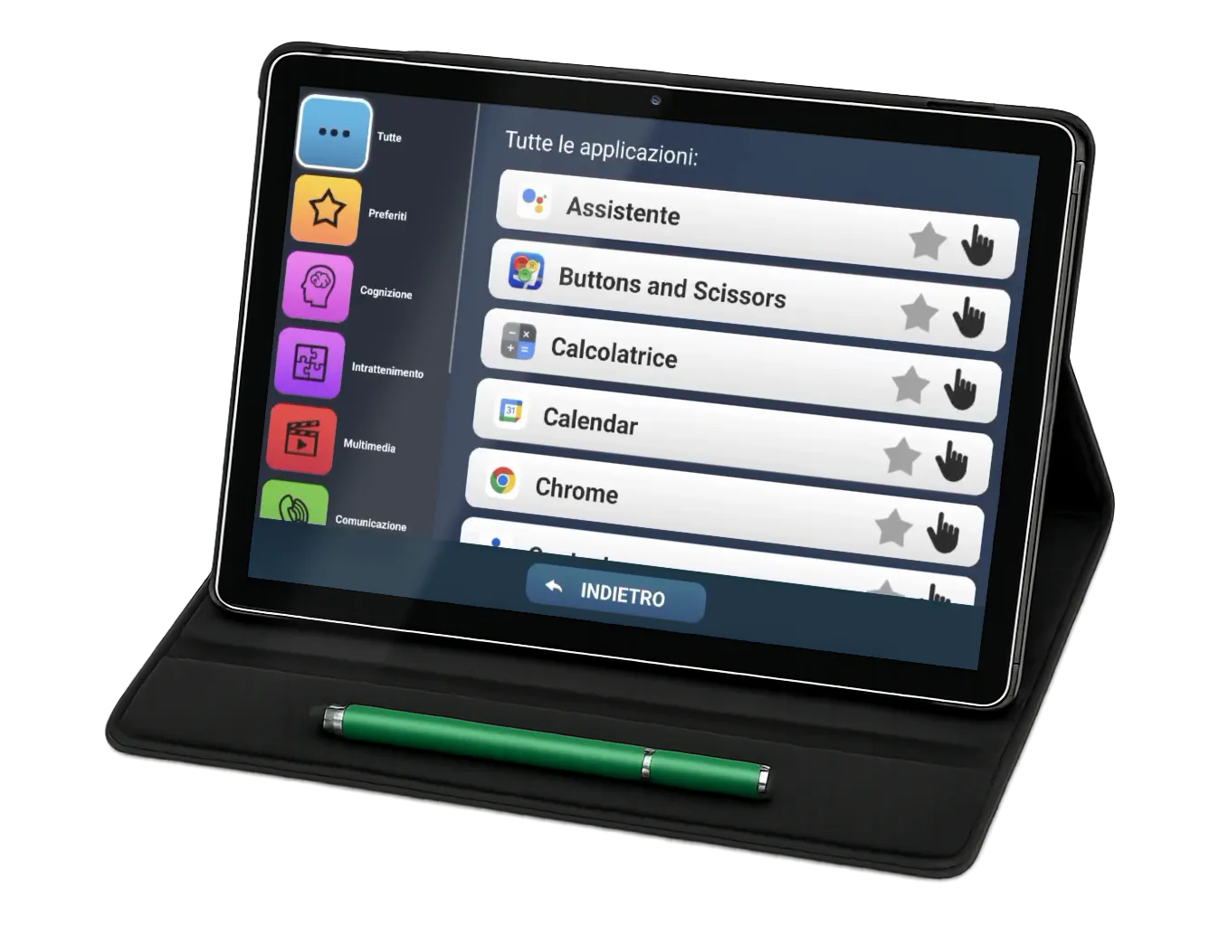 mediplus: tablet Bleta per anziani nella sua custodia con l’elenco delle applicazioni in italiano e un pennino.