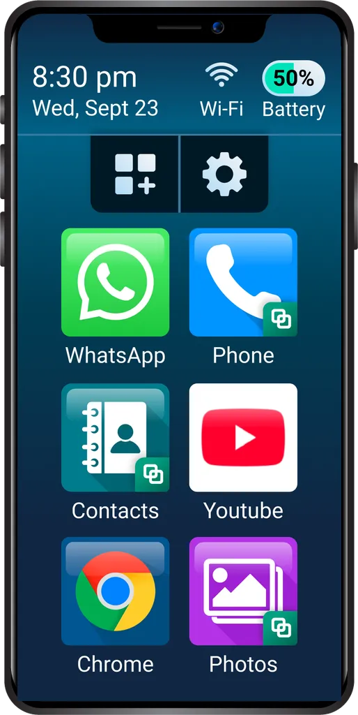 A phone with the Bleta app showing the large icons