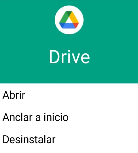 Menú de aplicación para anclarla a inicio o desinstalarla