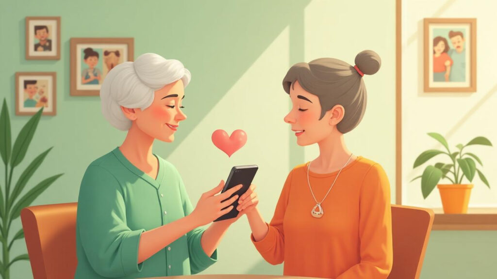 Una hija con su madre usando el móvil
