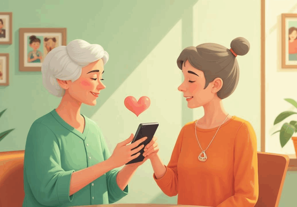 Una hija con su madre usando el móvil