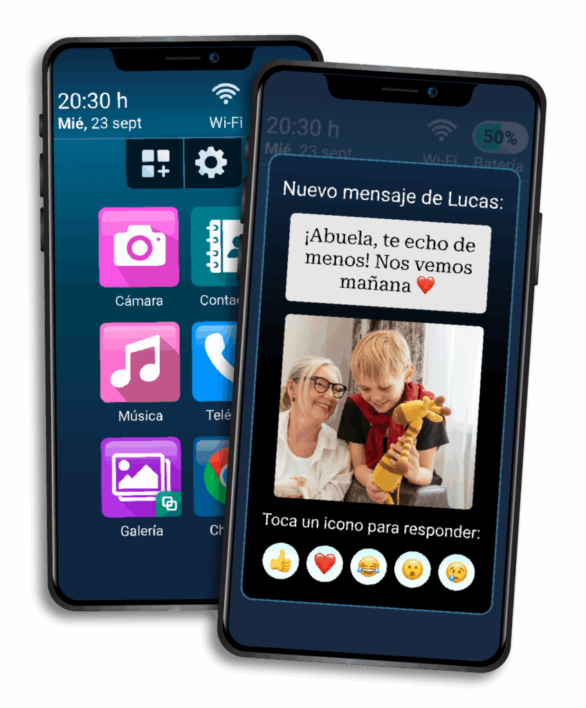 Móvil con mensaje en la pantalla principal de un nieto a su abuela